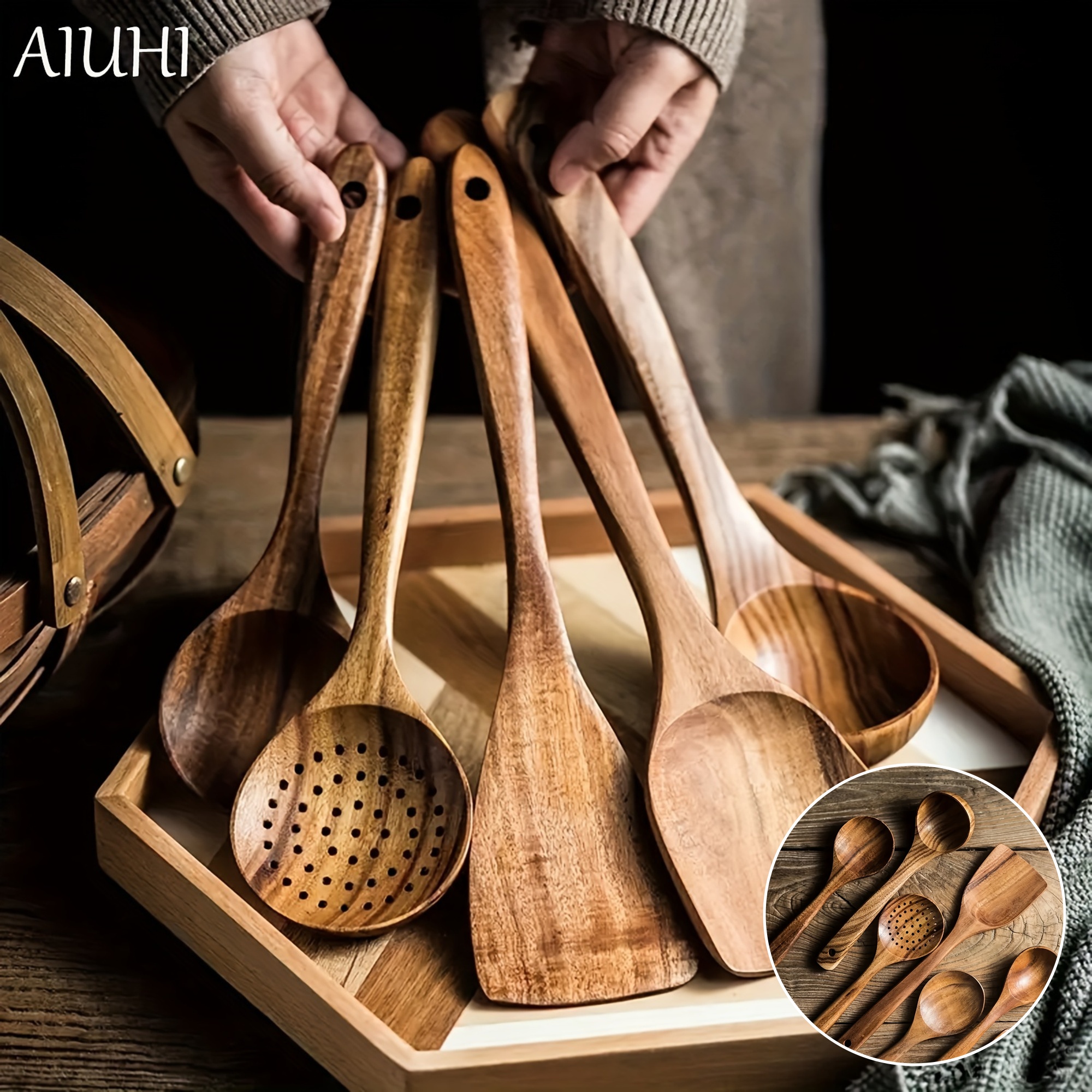 5pcs Premium Wooden Kitchen Utensils Set – High-Quality, Durable Wood Spoons & Spurtles for Non-Stick Cookware, Includes Ladle & Wok Spatulas – Perfect for Home Cooking and Baking, Cooking Utensils