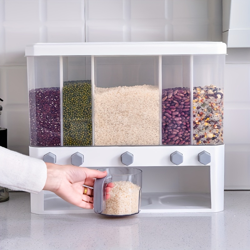 LDQ 1pc Space-Saving Plastic Sealed Grain Storage Container with Measuring Cup for Organized Kitchen